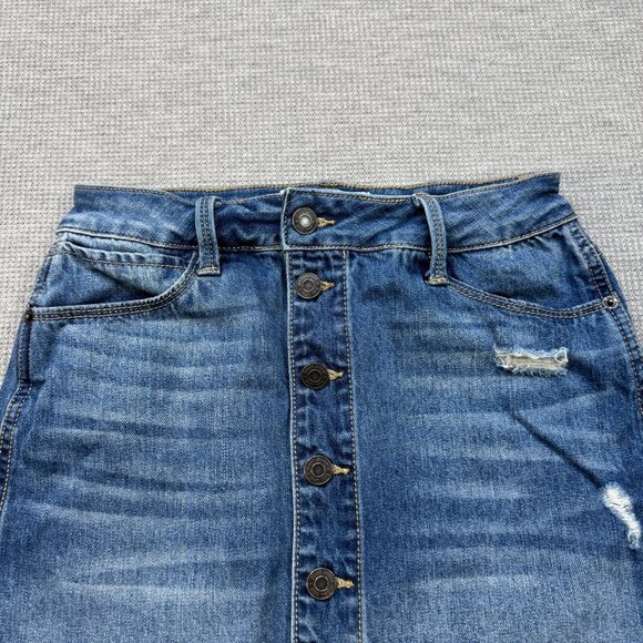 Mudd Womens Blue Distressed Denim Skirt Button Front FLX Stretch Raw Hem Size 1 - Picture 4 of 12